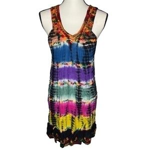 Shoreline Dress Tie Dyed Embroidered Boho Sleeveless Tank Dress One Size